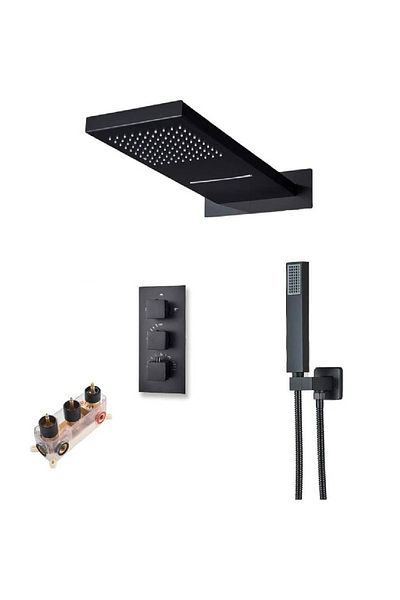 CasaVie Shower set with waterfall type hand shower with thermostat, matt black, with 3 water flow functions, code 1545