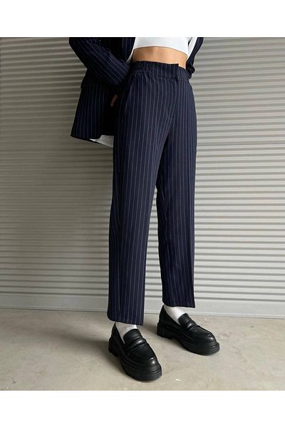 My Blog Navy Blue Striped Trousers with Latex Waist - 3185
