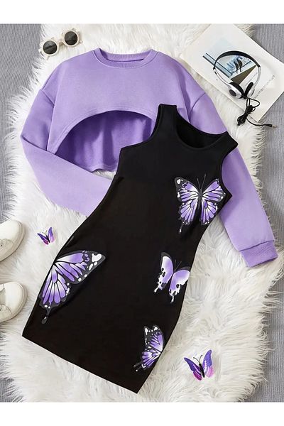 npLStore Kids Butterfly Printed Dress & Winter Crop 2 Piece Set