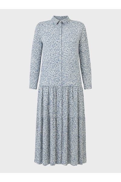 ALİA Rochie Plus Size cu Motiv Floral cu Tesatura Naturala - Albastru -
