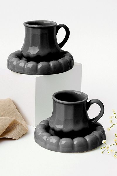 Erbaşlar Bead Black Series 4 Piece Luxury Ceramic Coffee Cup Set for 2 People - Turkish Coffee Cup