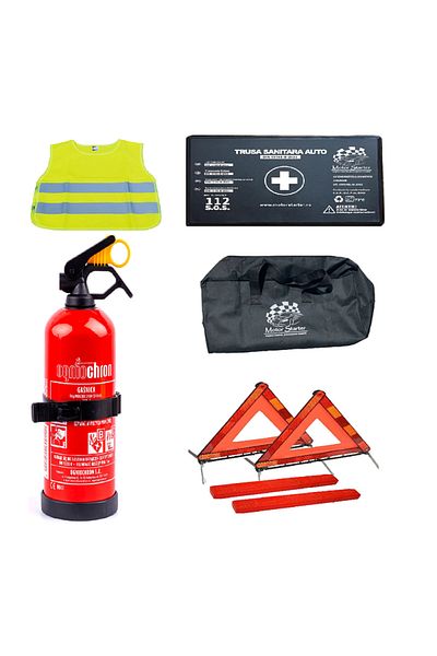 motor starter Kit siguranta auto omologat R.A.R. - Stingator P1, Trusa Medicala, Geanta, Triunghiuri, Vesta