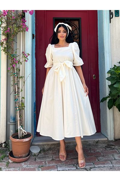 KÜÇÜĞÜM BUTİK White Big Bow Square Neck Poplin Flared Dress