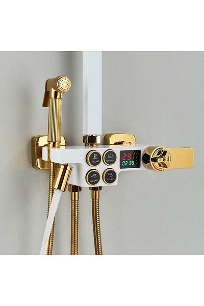 CasaVie Coloana Dus cu termostat si afisaj de temperatura, alb cu auriu, cu efect de ploaie, 1432