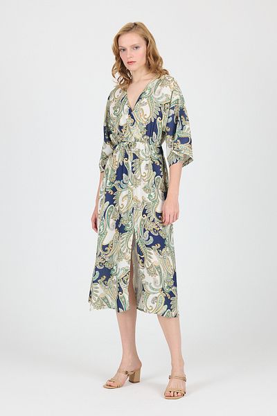 Rays Khaki Double Breasted Collar Ethnic Patterned Front Slit Dress 6651
