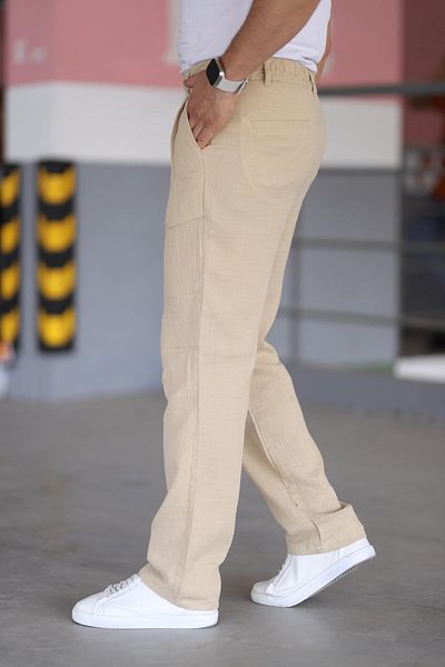 Bürke Double Pleated Beige Color Elastic Waist Quality Comfortable Cut Muslin Baggy Trousers