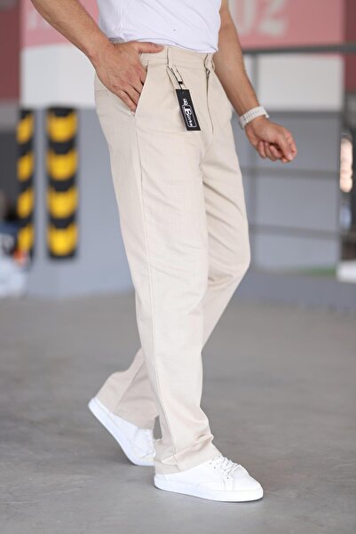 Bürke Διπλό πλισέ μπεζ χρώμα Μέση μισό ελαστικό Ποιοτικό άνετο λινό φαρδύ παντελόνι