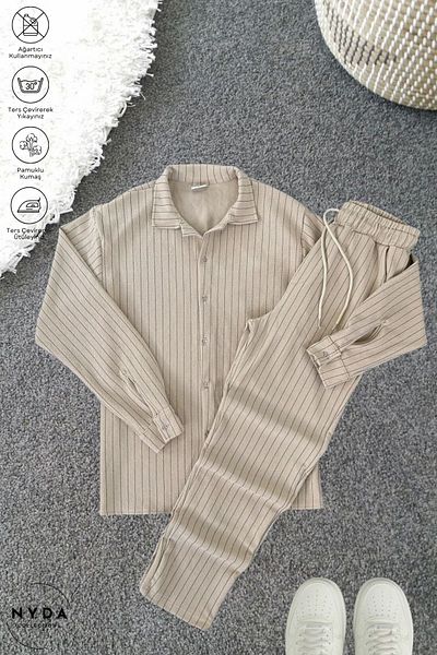 Nyda Collections Men's Crepe Fabric Striped Lycra Oversize Long Sleeve Shirt with Pockets Elastic Waist Lace-Up Trousers Set