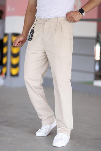 Bürke Double Pleated Beige Color Elastic Waist Quality Relaxed Cut Linen Baggy Trousers