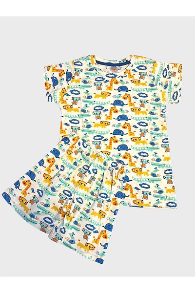elmas kids Set de pijamale de vară pentru băieți, 100% bumbac, alb, cu model safari, cu mâneci scurte