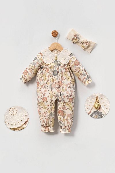 Minigimin Cicileri Miniğimin Romper Baby Girl بذلة بنمط مختلط مع تفاصيل ياقة فيستو - بيج