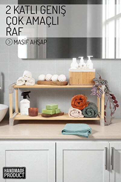 Nandy Home 2 Katlı Geniş Raflı Masif Ahşap Çok Amaçlı Raf – Mutfak, Banyo, Of...