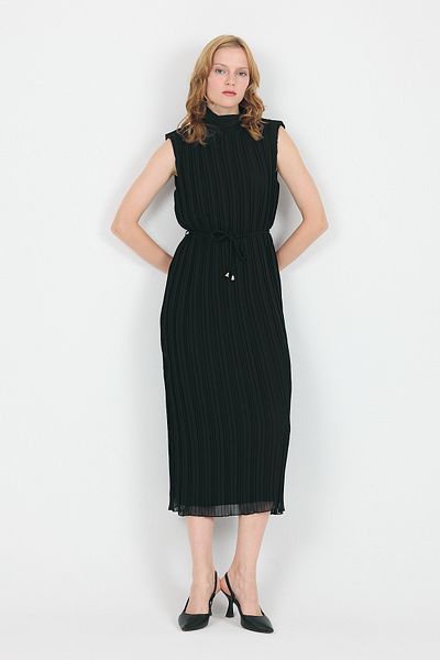 Rays Black Chiffon Sleeveless Pleated Waist Tie Midi Dress 118