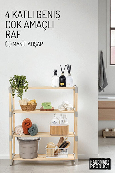 Nandy Home 4 Katlı Geniş Raflı Masif Ahşap Çok Amaçlı Raf – Mutfak, Banyo, Of...