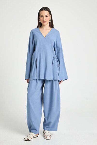 minaaise Kimono lung din bumbac 100% cu detaliu de ruptură indigo 29211