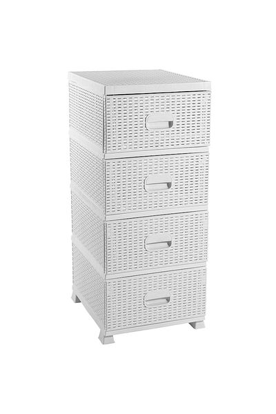 Chomik Plastic Storage Cabinet with Drawers for Hall, Bathroom, Kitchen, Rattan Style, White, 38x45x