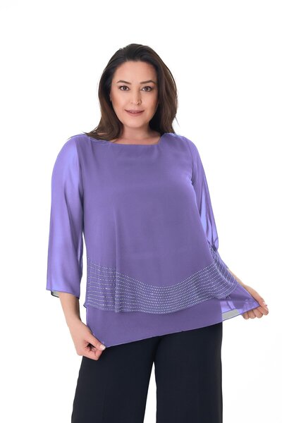 LİLAS XXL Büyük Beden Lila Renkli Şifon Abiye Bluz