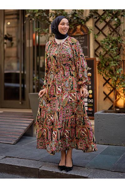 SAHRA BUTİK Flower Patterned Viscosse Dress - Black - Sahra Buti̇k