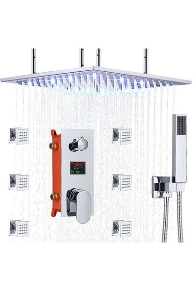 CasaVie Sistem de dus Rainjoy, cromat, incastrat in tavan, para patrata 50 cm, functie led, culoare dinamica