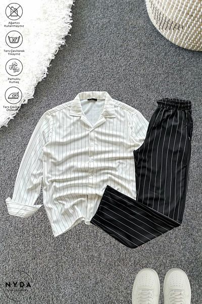 Nyda Collections Ανδρικό κρεπ ύφασμα ριγέ Lycra Oversize μακρυμάνικο πουκάμισο με τσέπη ελαστική μέση με κορδόνια παντελόνι