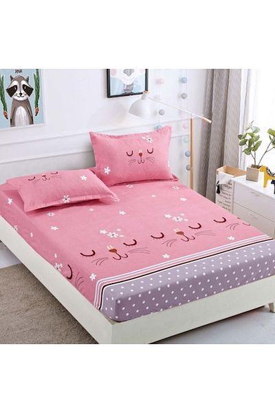 JOJO HOME Set husa de pat single cu elastic si 2 fete de perna, finet, H1-21, roz, 90 x 200
