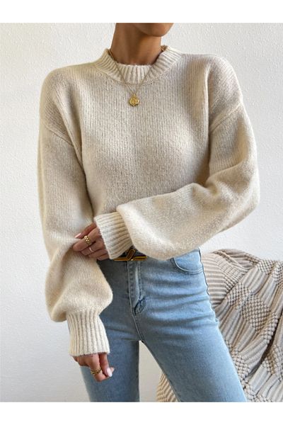 Ugdelia Women's Balloon Sleeve Soft Textured Knitwear Sweater