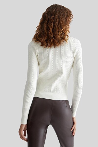 Liu Jo Kadın Uzun Kollu Desenli V Yaka Örme Kazak Beyaz