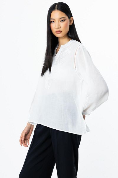 Ekol Women's Embroidered Linen Blouse 3924 Ecru