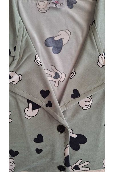 Manolya Women's Milan Fabric Shirt Collar Buttoned Green Heart Pattern Short Sleeve Pajama Set