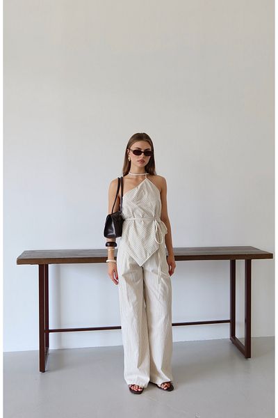 LOISY Women's Asymmetrical Cut Tie Detailed Linen Suit