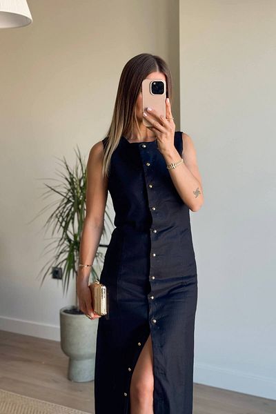 Sue Store Черно-златна ленена рокля с копчета и подплата