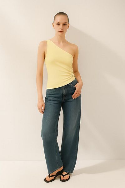 HAKKE One Shoulder Polyamide Bluz with Side Buckle
