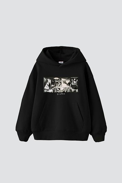 Bak Moda Picasso Guernica Printed Oversize Women's Black Hoodie