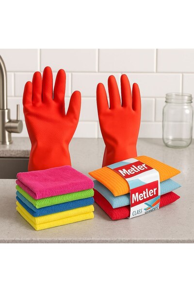 Metler زوج واحد من قفازات التنظيف + 4 قطع قماش من الألياف الدقيقة الملونة + 3...