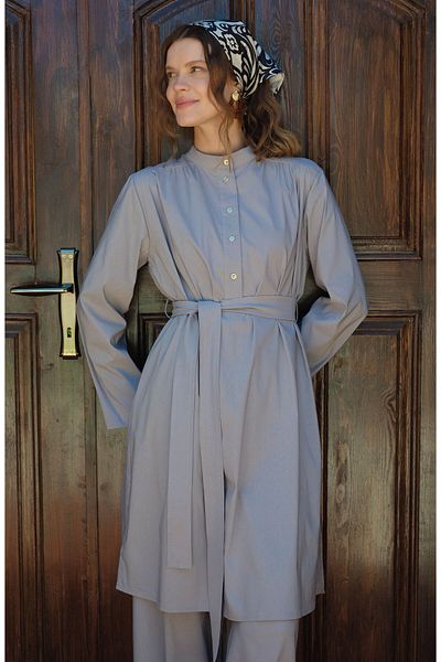 Fatma Atasoy Gray Cotton Tunic with Shoulder Gathered Tie