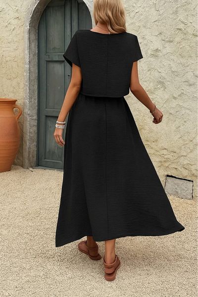 Modayakamoz New Season Women's Short Sleeve Crew Neck Blouse Skirt Imported Linen Two-Piece Suit