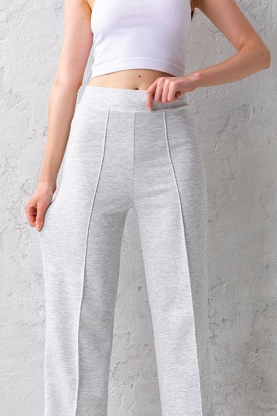 CNRCollection Women's Gray Melange High Waist Gathering Front Ribbed Wide Fit Loose Leg Modal Fabric Leggings Pants