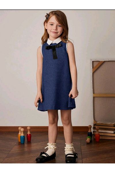 OEM Girls' dress, school, kindergarten, with polo collar and bow, navy blue, 7 years, 122 cm