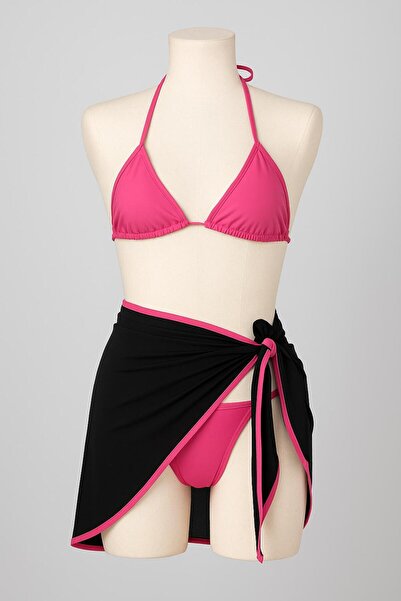 safhas Kadın 3lü Fuşya Bikini Takımı Pareolu – Üçgen Dolgulu, Ayarlanabilir, Siyah Plaj Pareosu Ile Şık