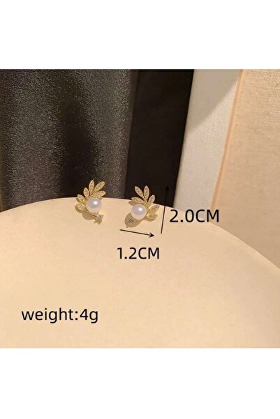 İnci Yaprak tasarım zirkon taşlı incili antialerjik çelik küpe / gold kararma yapmaz