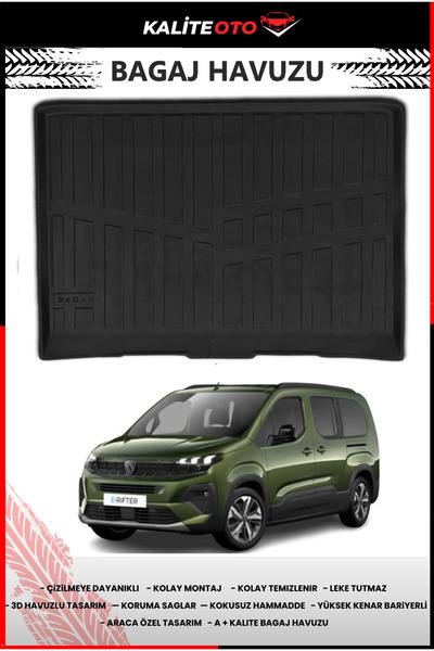 ko kaliteoto Peugeot Rifter 2025 Model Yeni Logolu 4D Araca Özel Bagaj Havuzu...