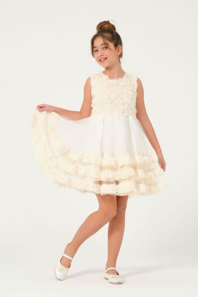 Kıvanç Çocuk Giyim KIZ ÇOCUK ÜÇBOYUT GÜLLÜ ABİYE ELBİSE