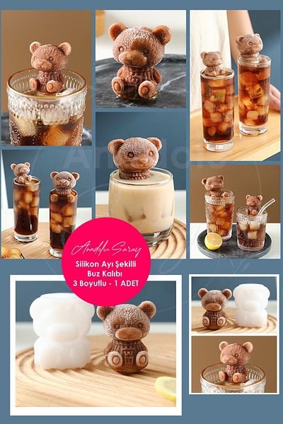 Anadolu Saray 3 Pcs Practical Silicone Bear Shaped Ice Mold Silicone 3-Dimensional Bear Cartoon Presentation Ice Mold