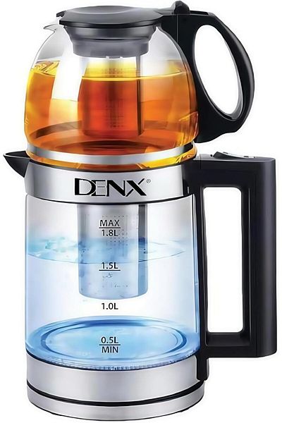Denx غلاية كهربائية مزدوجة الوعاء بقوة 1500 وات مع فلتر شاي قابل للإزالة، سعة الغلاية 1.8 لتر وإبريق الشاي 1.0 لتر