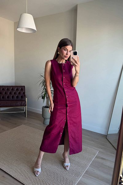 Sue Store Rochie creion din in căptușit cu nasturi aurii burgundy