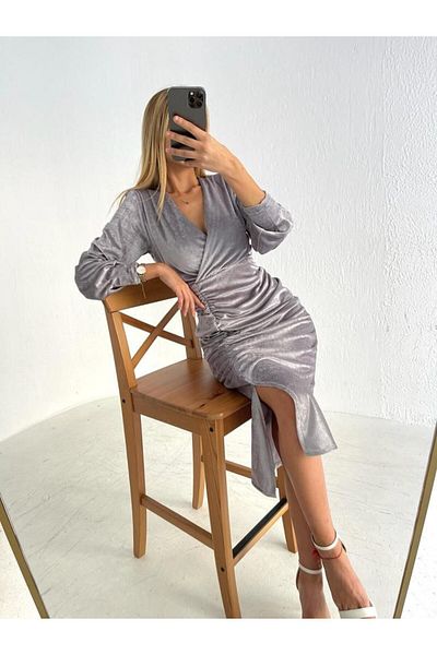 SHUGAA Women's V-Necklace Waist and Collar Part with Drawn Detail, Shiny Velvet Elegant Nice Dress