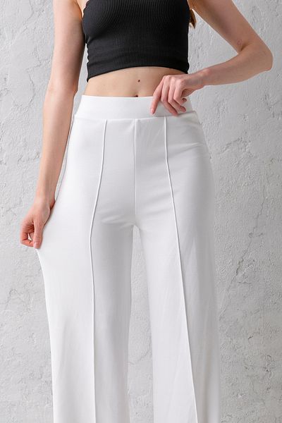 CNRCollection Women's White High Waist Gathering Front Ribbed Wide Fit Loose Leg Modal Fabric Leggings Pants