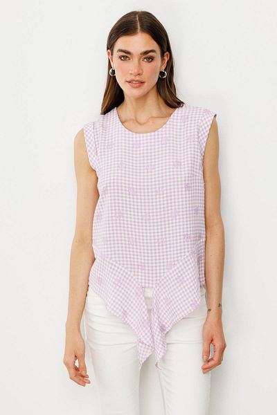 On Fashion Checked Flower Detail Cycling Neck Sleeveless Bluz