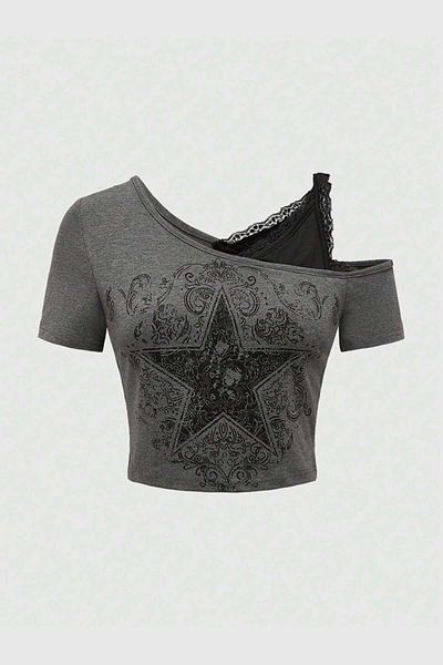 Karakedi Gothic Style Star Insert Strap Lace Detail Short Sleeve Inner Body Smoked Blouse