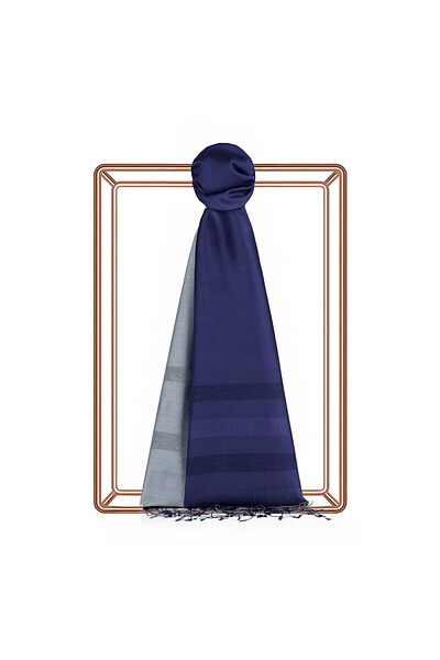 ipekevi Navy Blue Metallic Blue Mono Shutter Gradient Silk Shawl